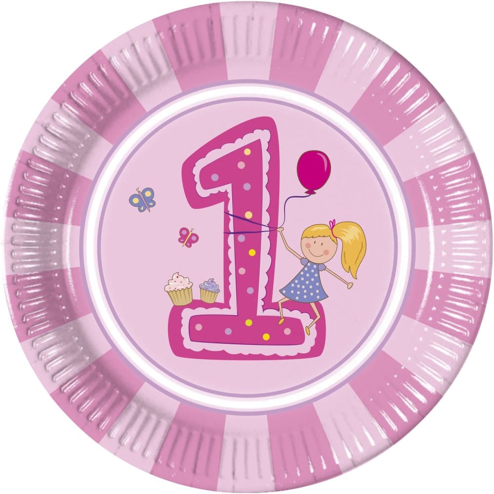 8 stora tallrikar Girl's First Birthday (23 cm)