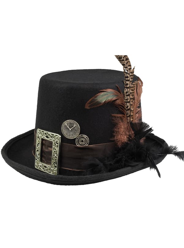 Sort Steampunk Hat med spænde og Fjer til Voksne