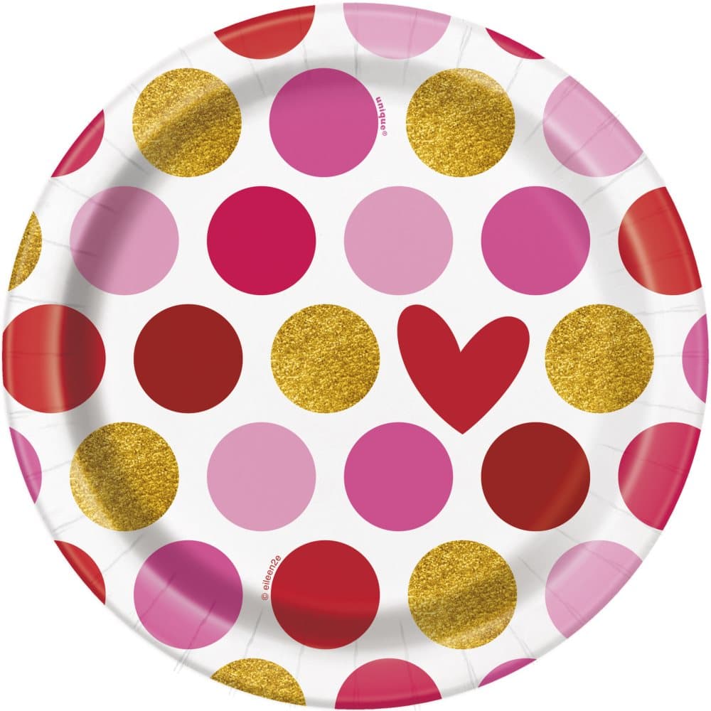 8 desserttallrikar med hjärtan och ränder (18 cm) - Gold Happy Valentines