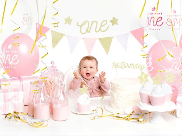 "1st Birthday" kagedekoration i guld - Pink 1st Birthday