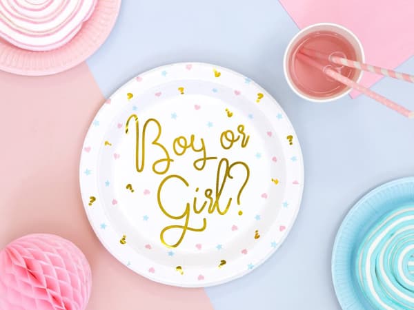 6 papperstallrikar vita med guldfärgad inskription "Boy or Girl?" (23 cm) - Gender Reval Party