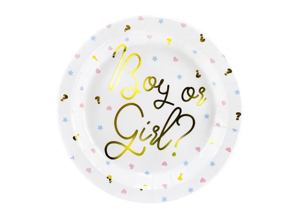 6 "Boy eller Girl?" Hvide Papirtallerkner med Guldteks (23 cm) - Gender Reveal Party