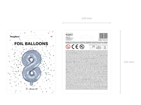 Folieballon "8" sølv med glitter (35 cm)