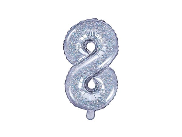 Folieballon "8" sølv med glitter (35 cm)