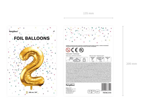Folieballong nummer  "2" guldfärgad 86 cm