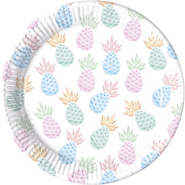 Sæt af 8 pastel farvede ananas tallerkner