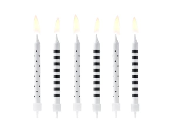 6 Assorterede Sort & Hvide Fødselsdagsstearinlys (6,5 cm)