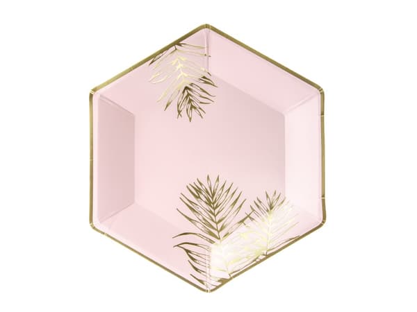 6 Sekskantede Papirtallerkner med Guld Blade, Pink (23 cm)