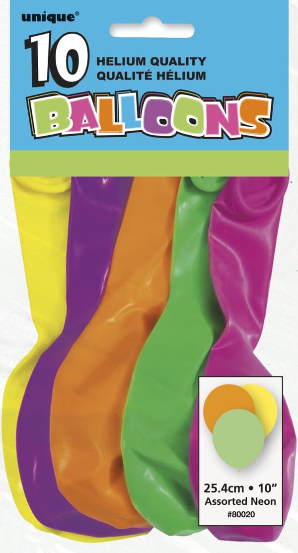 Sæt af 10 assorterede neon ballonner - Basale farver linje