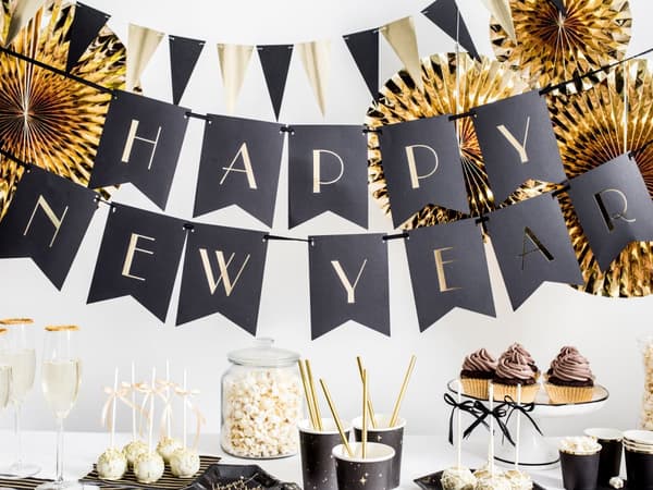 "Happy New Year" Banner, Svart & Gull - New Year’s Eve Kolleksjon