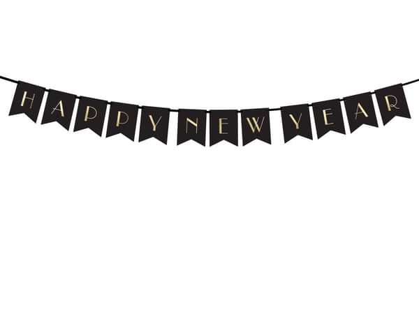 "Happy New Year" Banner, Svart & Gull - New Year’s Eve Kolleksjon