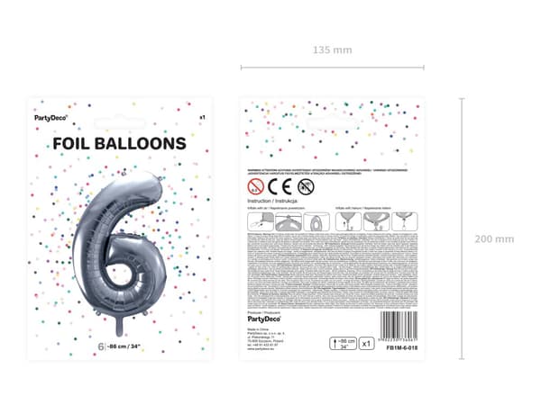 Nummer "6" folieballon i sølv, 86 cm