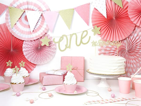 Print Papir Flagdug med Pink Prikker - Pink 1st Birthday