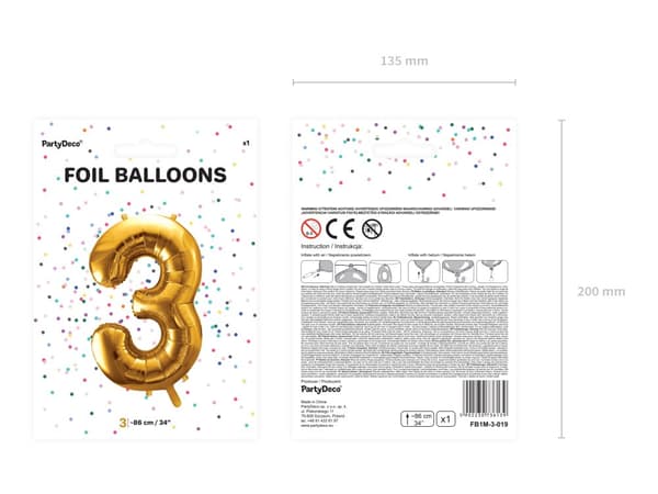 Folieballong nummer  "3" guldfärgad 86 cm