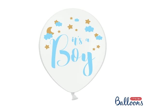 6 "IT'S A BOY" lateksi-ilmapalloa valkoisena vauvakutsuille (30cm)