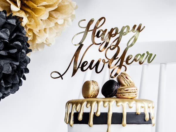 "Happy New Year" kagedekoration i guld - New Year