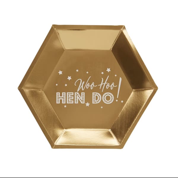 8 papperstallrikar hexagonala guldfärgade  (27 cm) - Woo Hoo Hen Do