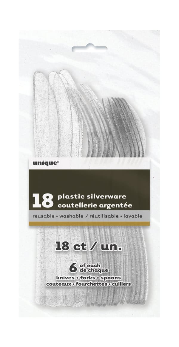 Sett med 18 sølv glitter plast bestikk - Basic Jul