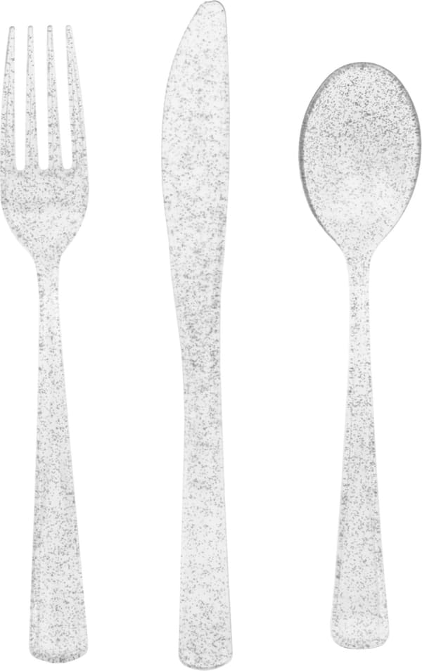 Sæt af 18 sølv glitter plastik bestik - Basic Christmas