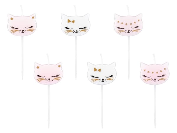 6 Assorterede Katte Fødselsdagsstearinly (2 cm) - Meow Party