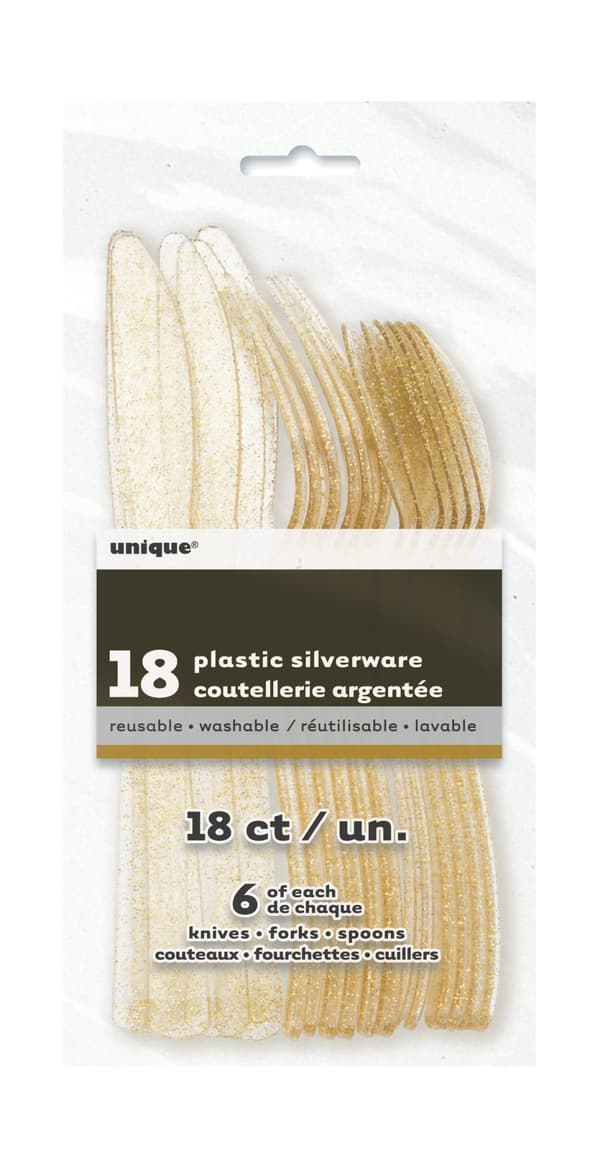 Sæt af 18 gyldne glitter plastik bestik - Basic Christmas