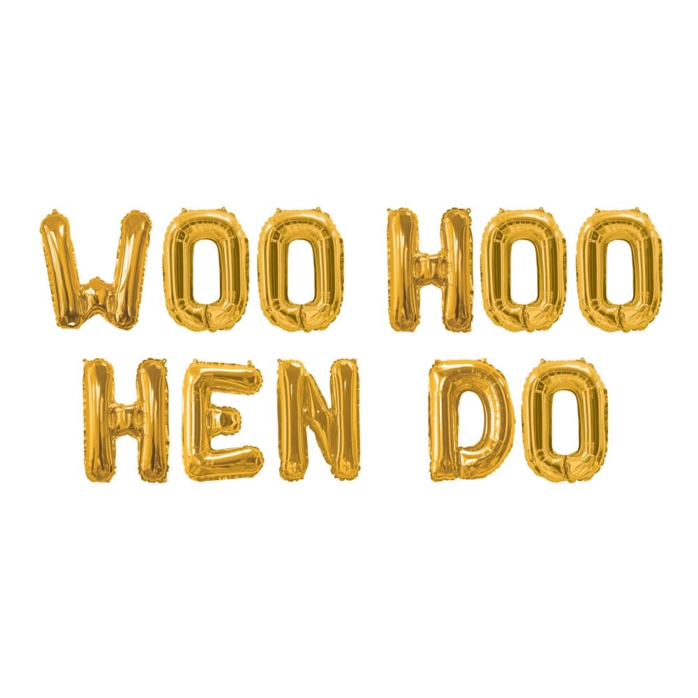 Girlang med folieballonger guldfärgade - Woo Hoo Hen Do