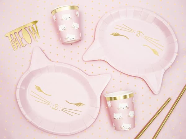 6 kissanmuotoista paperilautasta, pinkki - Meow Party