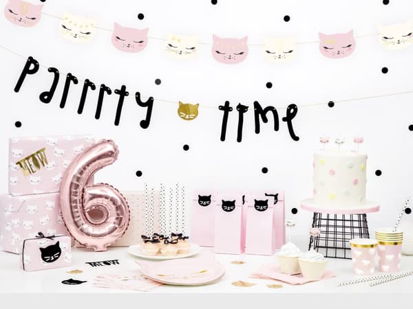 6 kissanmuotoista paperilautasta, pinkki - Meow Party