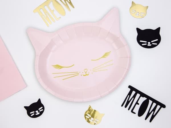 6 kissanmuotoista paperilautasta, pinkki - Meow Party