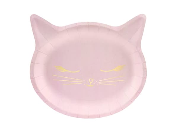 6 kissanmuotoista paperilautasta, pinkki - Meow Party