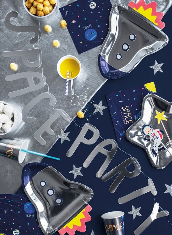 6 papperstallrikar silverfärgade i form av raket (21,5x29,5 cm) - Space Party