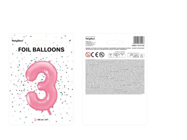 Numero "3" foliopallo, pinkki, 86 cm