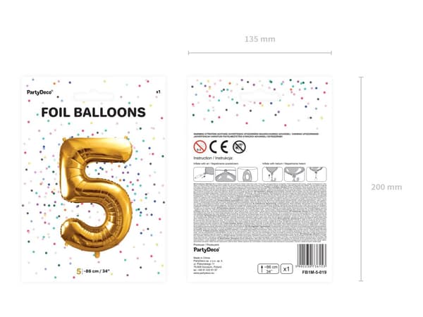 Nummer "5" folieballon i guld, 86 cm