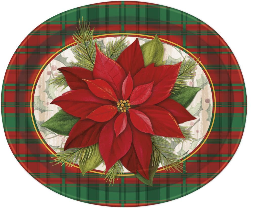 8 ovala tallrikar med påskblomma skottskt mönster (31x25 cm) - Poinsettia Plaid