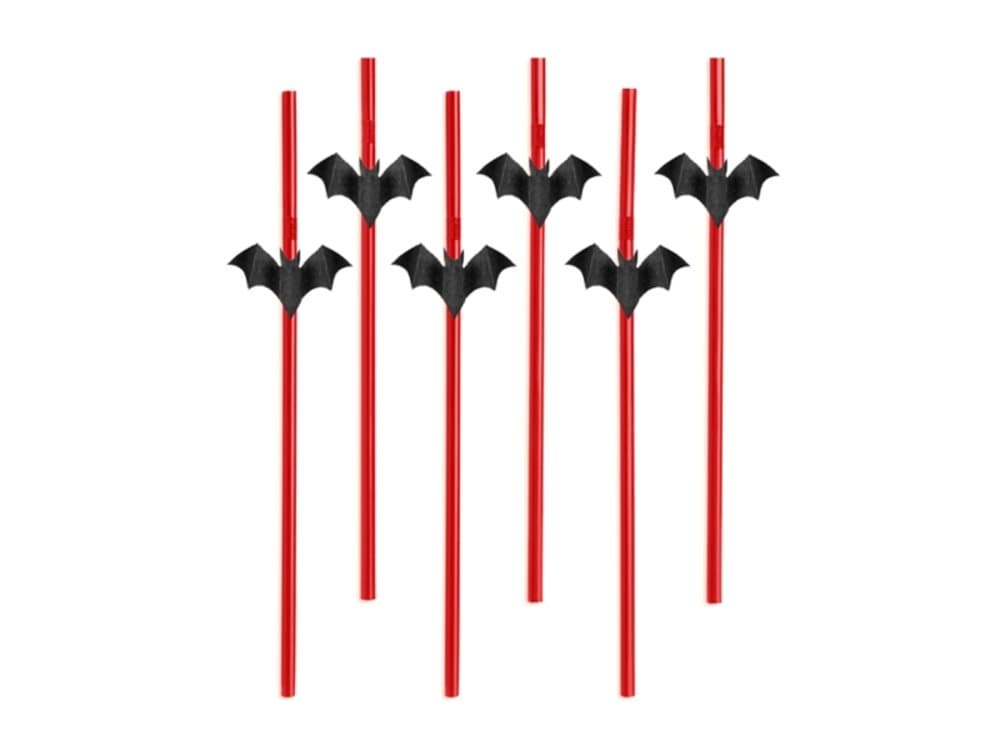 6 papperssugrör röda med fladdermössfigurer - Halloween