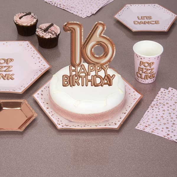 Tårtdekoration "16 Happy Birthday" roséguldfärgad - Glitz & Glamour Pink & Rose Gold