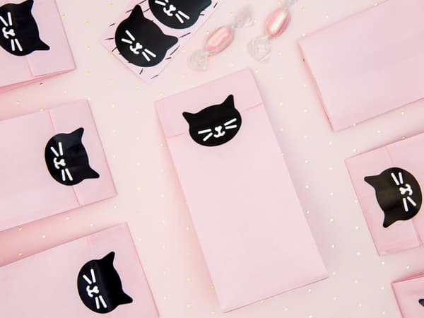 Sett med 6 Rosa Papir Godteposer med Klistremerker - Meow Party