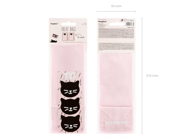 Sett med 6 Rosa Papir Godteposer med Klistremerker - Meow Party