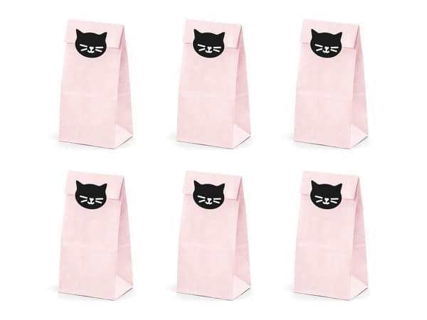 Sett med 6 Rosa Papir Godteposer med Klistremerker - Meow Party