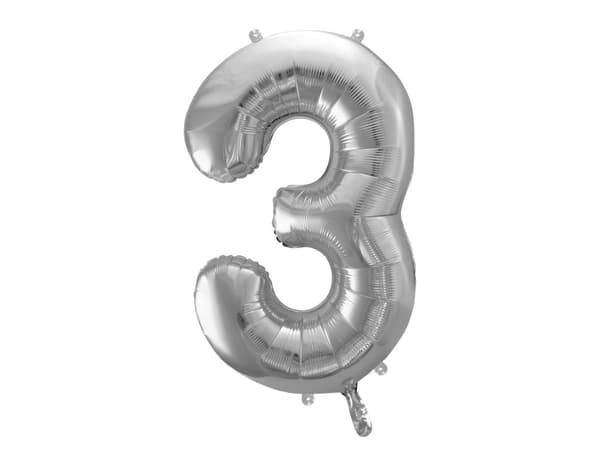 Nummer "3" folieballon i sølv, 86 cm