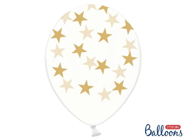 6 ballonger genomskinliga med guldfärgade stjärnor (30 cm)