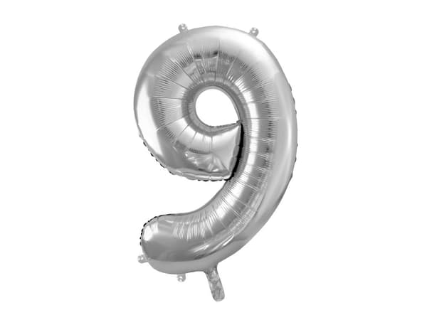 Nummer "9" folieballon i sølv, 86 cm