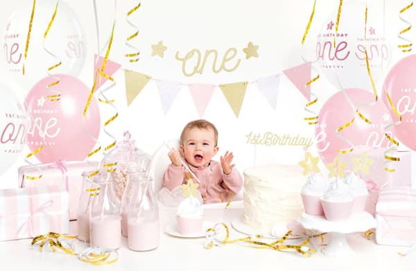 "1st Birthday" festdekorationssæt i pink - 1. fødselsdag