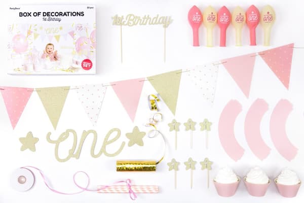 "1st Birthday" festdekorationssæt i pink - 1. fødselsdag