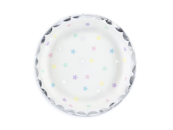 6 Hvide Papirtallerkner med Flerfarvede Stjerne (23cm) - Unicorn