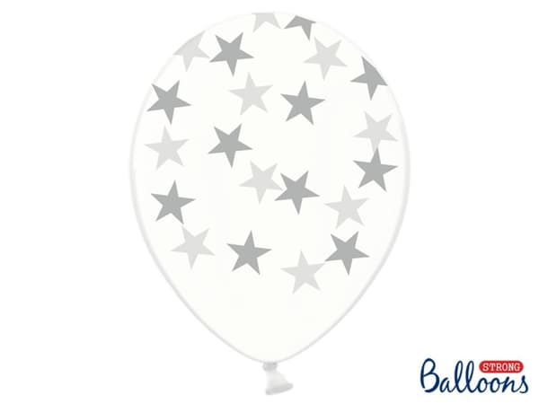 6 ballonger genomskinliga med silverfärgade stjärnor (30 cm)