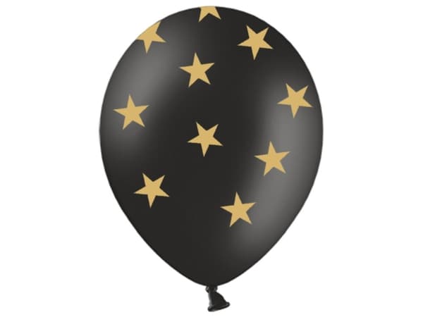 6 ballonger i svart med gull stjerner (30 cm)