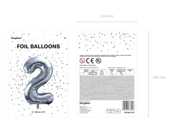 Nummer "2" folieballon i sølv, 86 cm