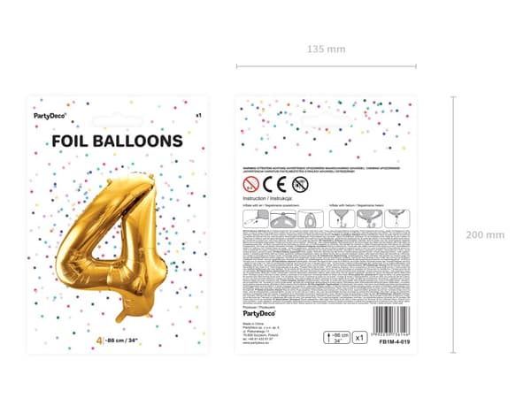 Nummer "4" folieballon i guld, 86 cm
