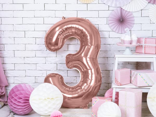 "3" Folieballon i roseguld (86 cm)